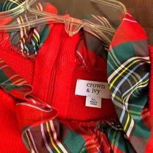 Crown & ivy red sweater with plaid ruffle trim